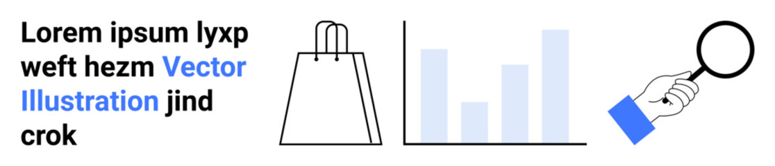 Hand holding magnifying glass, shopping bag, and bar chart align with sample Latin text. Ideal for business analysis, marketing, research, online shopping, e-commerce, data analysis education