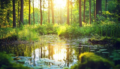 A tranquil forest scene with sunlight filtering through trees, reflecting on a calm pond surrounded by lush greenery and vibrant foliage.