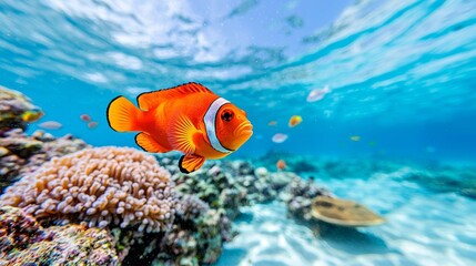 Colorful coral reef underwater, bustling with diverse sea life.