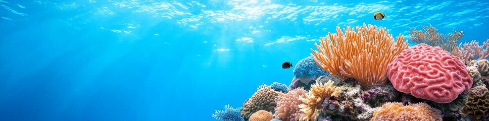 The image depicts a flourishing coral reef community, alive with diverse fish and marine life, while vibrant corals contribute to a rich and varied underwater scenery.