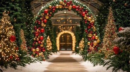 Fototapeta premium Enchanting Holiday Pathway Adorned with Lush Greenery, Glimmering Ornaments, and Festive Lights, Creating a Magical Winter Wonderland Experience