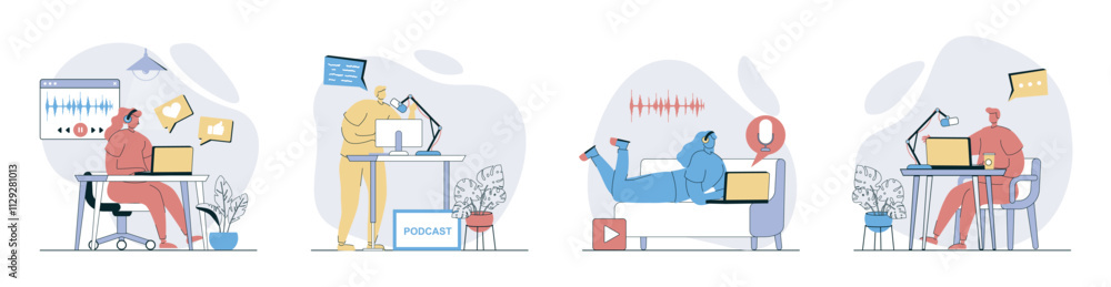 Fototapete podcast streaming concept set in flat design for web. collection with people in headphones broadcast