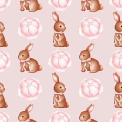 Seamless easter pattern with cute rabbits and peonies . Texture for Wallpaper, Gift Wrapping paper. Ideal for fabric,scrapbooking,banner , card, wrapping paper,
