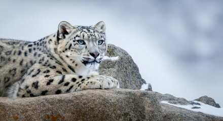 Obraz premium Majestic snow leopard resting on rocky terrain in winter habitat