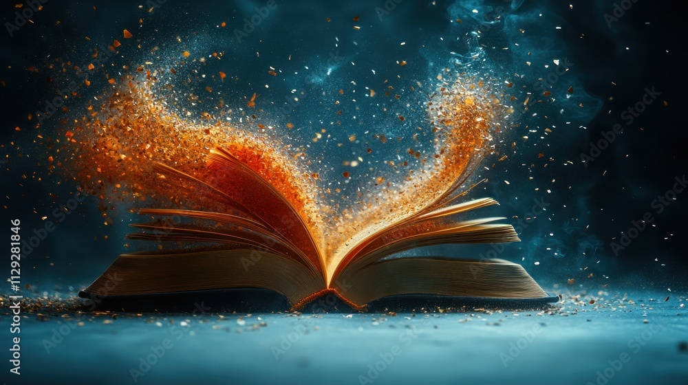 Poster an open book with magical sparks and swirling light.