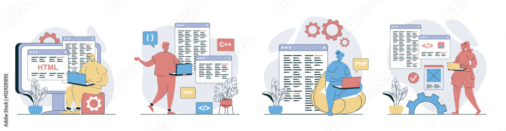 Aufkleber Programmer working concept set in flat design for web. Collection with people programming at different computer languages, creating code at screens, developing new it products. Vector illustrations.