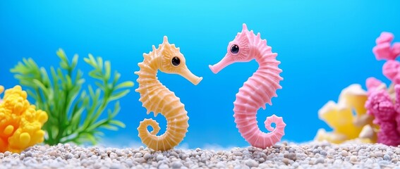 Obraz premium Two meticulously detailed seahorses swim through aquatic plants, framed by a deep blue marine background.