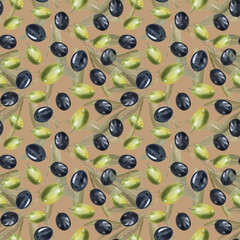 Olive branch seamless pattern. Hand drawn watercolor illustration. Green and black olive berries, leaves and twigs