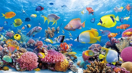 A lively underwater coral reef bustling with vibrant fish and diverse marine creatures, showcasing the richness of the underwater ecosystem.