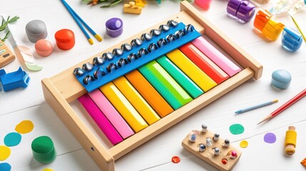 Naklejka premium Colorful Xylophone and Art Supplies Laying on a White Table Surrounded by Craft Items for Children, Creativity and Education Concept