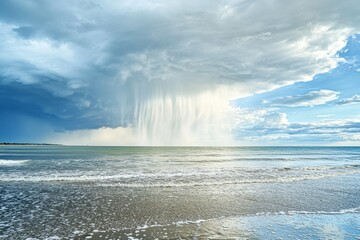 Dramatic coastal scene with heavy rain falling from a dark storm cloud over the ocean.