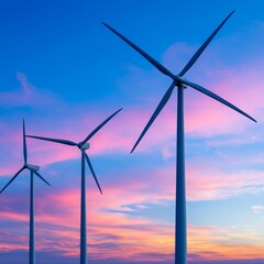 Fototapeta premium As the sun goes down, wind turbines and solar panels generate renewable energy.