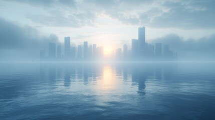 Fototapeta premium A futuristic city skyline rises from a turbulent sea, illustrating the possible effects of climate change.