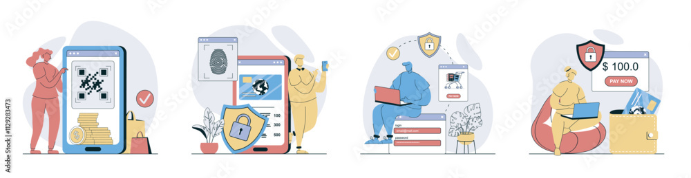 Aufkleber secure payment concept set in flat design for web. collection with people ordering with online pay a
