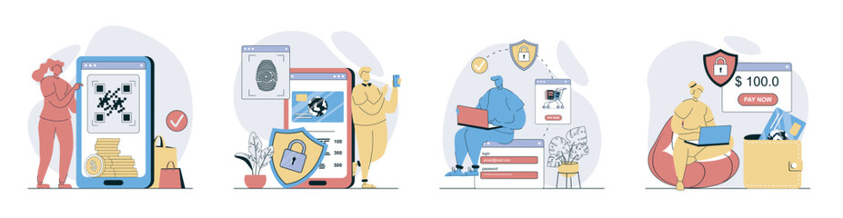 Secure payment concept set in flat design for web. Collection with people ordering with online pay and protection shield service, make safety money transfer in internet store. Vector illustrations.