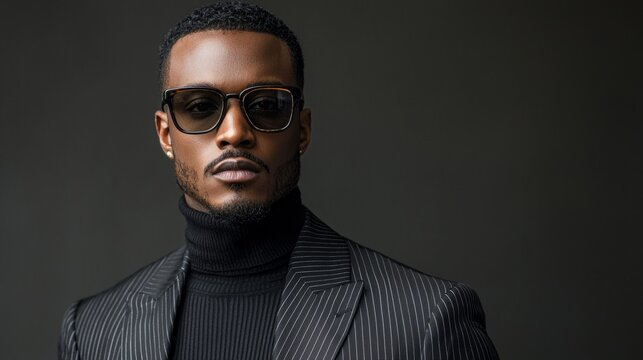 Tall Black man with short hair and a mustache exudes confidence in a sleek black turtleneck and pinstripe suit. He gazes directly at the viewer, embodying sophistication