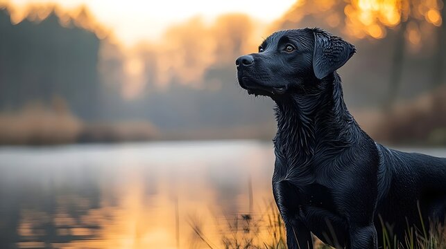 A black dog is standing in the water next to a lake
