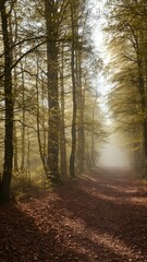 Fototapeta premium A misty forest path with soft sunlight filtering through golden leaves, creating an enchanting autumn atmosphere