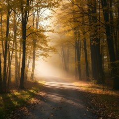 Fototapeta premium A misty forest path with soft sunlight filtering through golden leaves, creating an enchanting autumn atmosphere