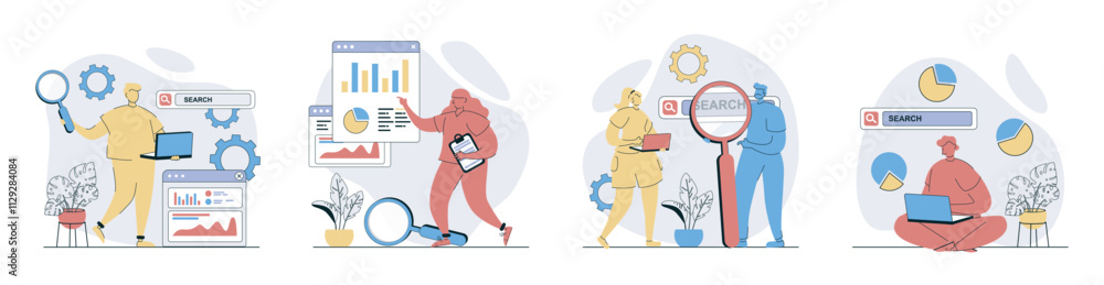 Poster seo analysis concept set in flat design for web. collection with people analyzing site data statisti