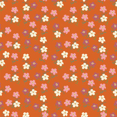 Seamless floral pattern, romantic ditsy print in delicate pastel colors. Cute botanical design of pretty small hand drawn flowers, tiny leaves, simple bouquets abstract. Vector illustration