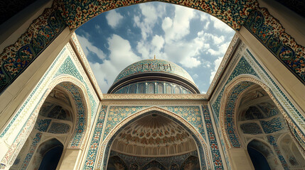 Obraz premium Architectural depiction of a mosque with intricate geometric patterns and a striking dome . illustration