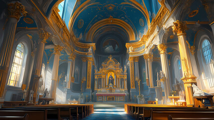 Obraz premium Blue and gold church interior illustration. Basilica. Illustration