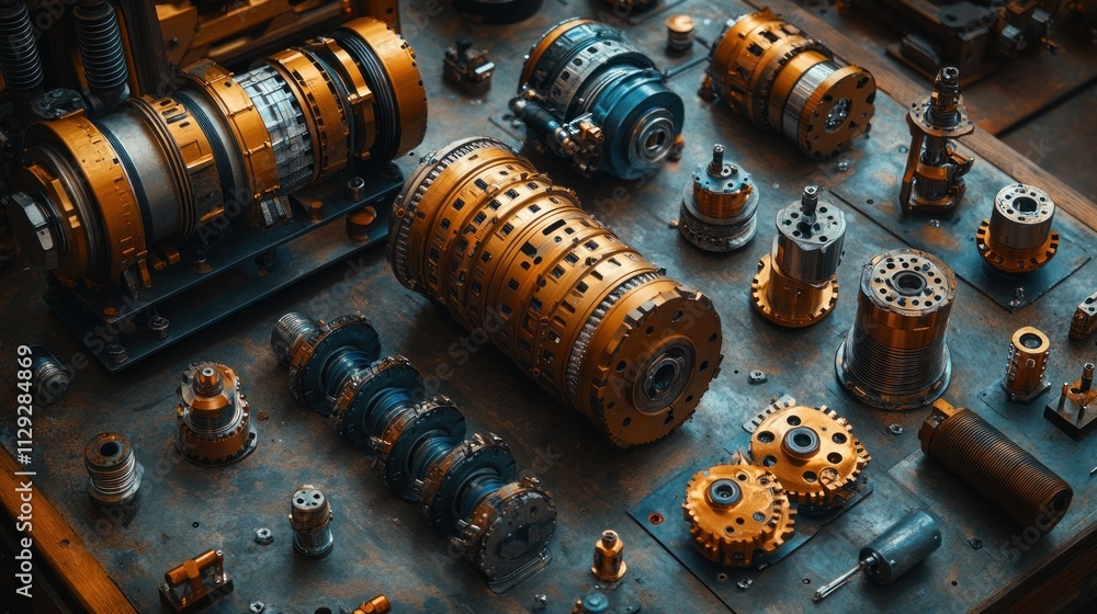 Poster collection of mechanical components and gears on a surface.