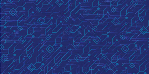 Seamless blue circuit board pattern with geometric elements, futuristic digital lines, and electronic connections. Ideal for high-tech backgrounds, AI concepts, data networks, and cyber technology.  