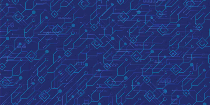 Seamless blue circuit board pattern with geometric elements, futuristic digital lines, and electronic connections. Ideal for high-tech backgrounds, AI concepts, data networks, and cyber technology.  