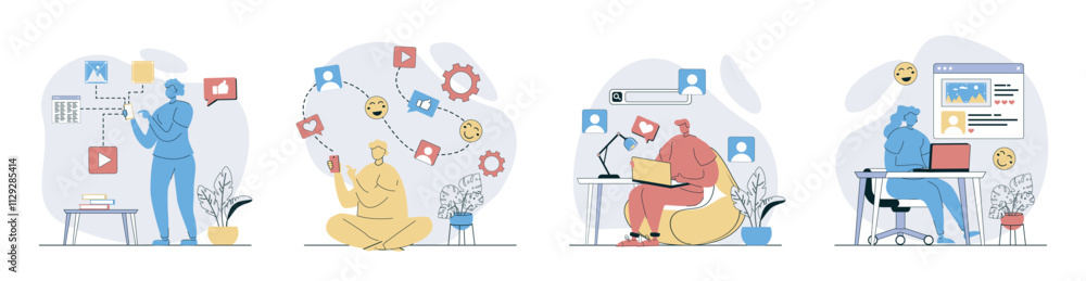 Aufkleber Social network concept set in flat design for web. Collection with people connecting online with internet friends, sharing photos and videos, making online posts, browsing feeds. Vector illustrations.