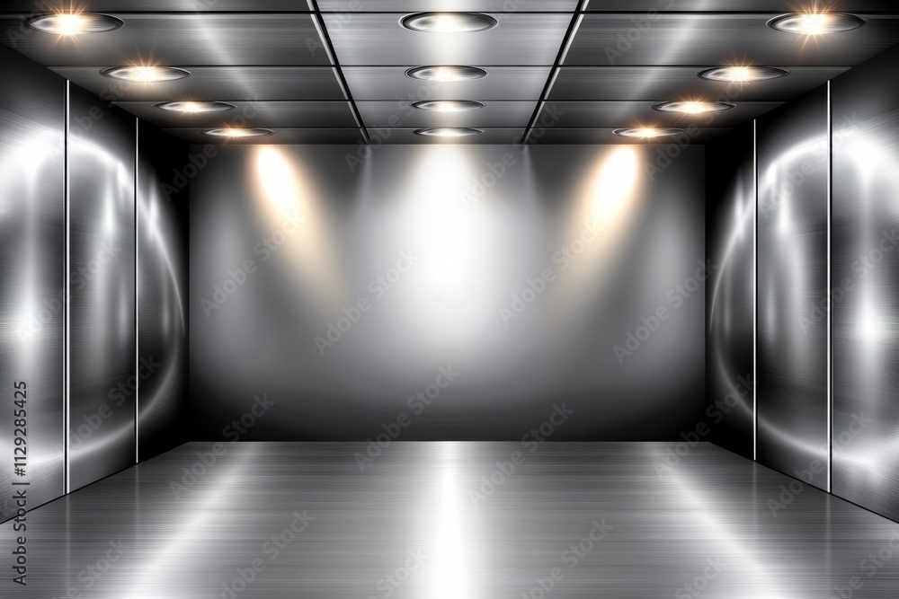 Poster reflective metallic room with spotlights illuminating empty space.