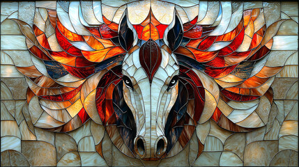 Stained Glass Regal Horse Head with Mane-Inspired Patterns