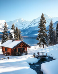 A Peaceful Winter Scene with a Frozen Lake and Mountain Views