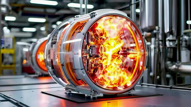 a fusion reactor , with  a bright orange flame  and  other smaller flames  in the background.