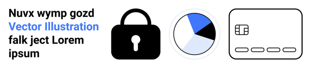 Lock icon for security, pie chart for data analysis, credit card for finance. Ideal for cybersecurity, financial services, data protection, e-commerce, online payments, business analysis technology