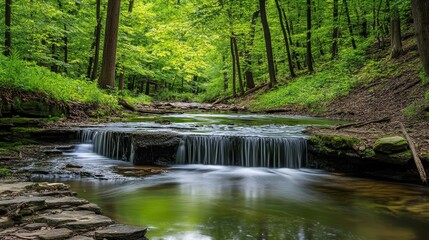 Fototapeta premium A serene forest scene featuring a gently flowing stream and lush greenery.