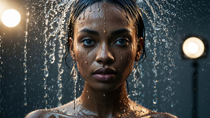 fashion editorial, a portrait of a young beautiful black woman in water drops, wet hair and skeen, mystical gaze, highres, realistic photo, professional photography, cinematic angle, dynamic light bac