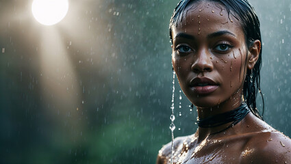 fashion editorial, a portrait of a young beautiful black woman in water drops, wet hair and skeen, mystical gaze, highres, realistic photo, professional photography, cinematic angle, dynamic light bac
