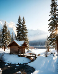 Tranquil Snowfall: Cabin, Bridge, and Snowy Mountains