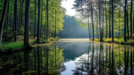 Obraz premium Serene forest landscape reflecting in calm water, evoking tranquility and nature's beauty.