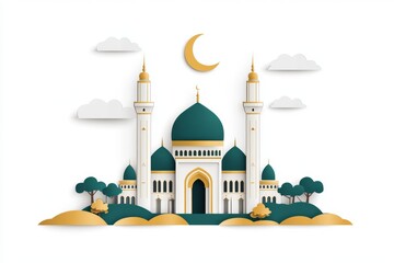 A flat vector of a mosque silhouette with crescent moon and Eid Mubarak text, designed in gold and green tones