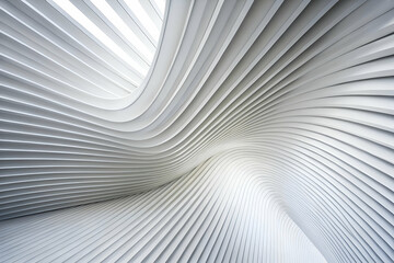 A dynamic, flowing interior design with white curved lines creating an abstract, modern aesthetic.