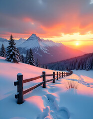 Winter Beauty: A Stunning Sunset Over Snow-Capped Mountains