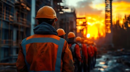 A group of construction workers wearing orange vests