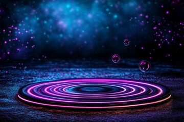 Fototapeta premium A futuristic depiction of ripples on a glowing holographic surface, with neon lights and floating particles creating a digital ripple effect