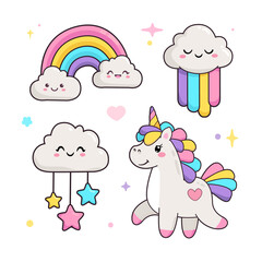 Funny stickers pack of  Kawaii characters Baby Unicorn, happy rainbow clouds - cartoon vector illustration