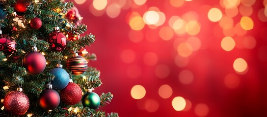 Christmas Tree with Ornaments on Red Background – Abstract Defocused Lights