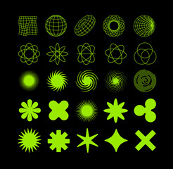 Abstract Y2k Retro futuristic geometric wireframe shapes, cyberpunk form and sci-fi elements, grids. Asid Psychedelic techno elements. Brutalist abstract geometric shapes and grids. Isolated vector