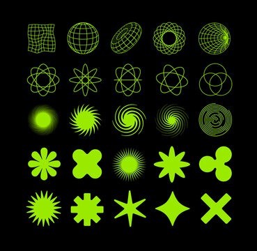 Abstract Y2k Retro futuristic geometric wireframe shapes, cyberpunk form and sci-fi elements, grids. Asid Psychedelic techno elements. Brutalist abstract geometric shapes and grids. Isolated vector